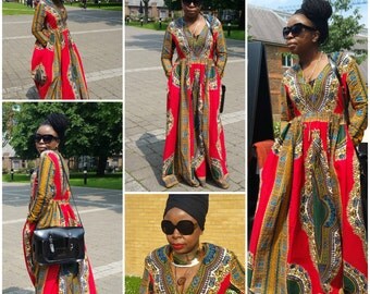 Red Dashiki Cotton, African Prom, Ankara African Fabric Kitenge Print Maxi Dress Size 14UK/10USA/42 READY To Ship,44Eu