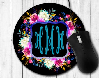 Monogram Mouse Pad, Personalized Mouse Pad, Floral Mouse Pad, Desk Accessories, Custom Mouse Pad, Watercolor Flowers and Stripes, Flowers
