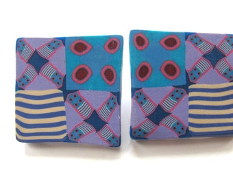 Earrings, polymer clay, post earrings, 32mm square, pink, blue, white, red, vintage earrings B-1388
