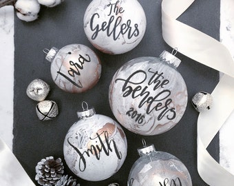 White Marble Glass Ornament, Custom Ornament Name, White Marble Ornament, Personalized Christmas Ornament, White and Gold Marble