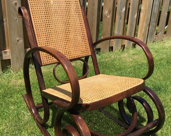 Vintage Thonet Style Rocking Chair Bentwood & Cane Rocker Mid Century MCM Antique
