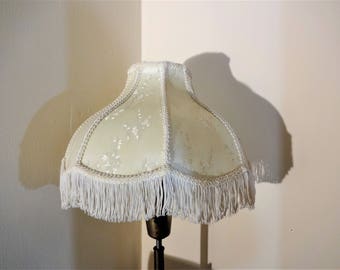 Vintage Victorian Style Ivory Brocade Lamp Shade with Fringe - Bell Shaped - Victorian Fringed Lamp Shade - Silk Brocade