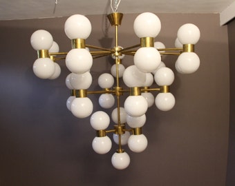 Brass and White Glass Globe Chandelier in Stilnovo Style