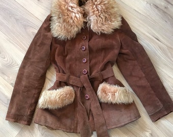 Beautiful Vintage 70s Penny Lane Suede Faux Fur coat Small