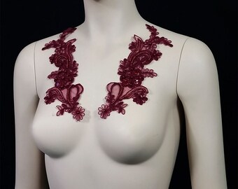 Burgundy Beaded pair Lace Embrodired Applique for Bridal, Bridesmaid, Sash, Headband, Dance Costumes