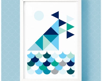 Geometric graphic print of ships on the Estuary at Leigh-on-Sea