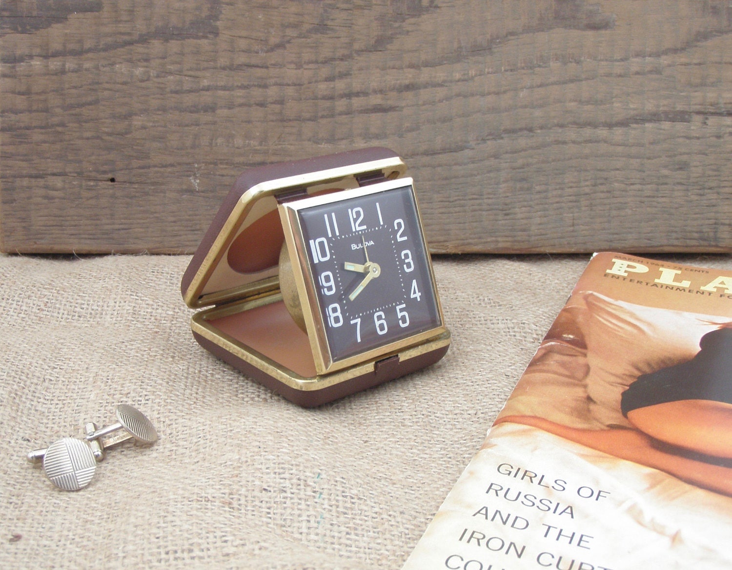 Vintage Bulova Brown Folding Travel Alarm Clock