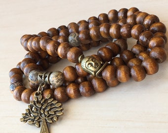 Mala Prayers Bead,Natural Wood Beads,Jasper Leopard Stone,108 Mala Bracelet,Yoga Necklace 108,Tibetan Mala Meditation,Tree of Life,Zen Mala