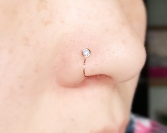 14k gold/rose gold filled-925 sterling silver fake faux nose ring, fire opal nose jewelry, dainty simple everyday nose stud-white/light blue