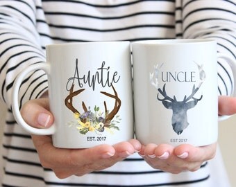 Pregnancy Announcement Mugs, Aunt Mug, Uncle Mug, Mug Set, Auntie Mug, Gift for Aunt, Gift for Uncle, Christmas Gift, Rustic, Woodland Mugs