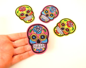 Mexican sugar skull iron-on patches - Skeleton Dia de los Muertos apliques - Sugar skull patches clothes, bagpacks - Skeleton patches