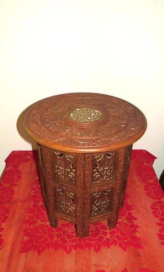 Hand Carved India Table Vintage Round Side Hand Carved India Table Vintage Round Side Made