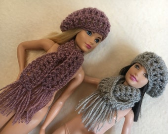 Handmade Barbie Clothes, Crochet Slouch Hat and Scarf. 4 colors to choose from Pink, Gray, Blue or Green