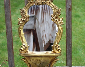 Vintage Syroco Gilt Mirror with Shelf Ornate Carved French Molded Resin Hollywood Regency Shelf Mirror Dart Home Interiors 1970