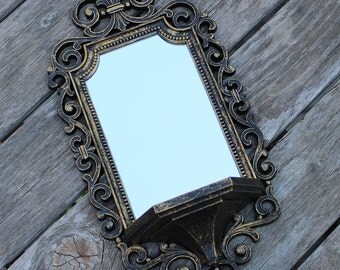 Vintage Black Gold Mirror with Shelf Ornate Carved French Molded Resin Hollywood Regency Fleur De Lis Dart Home Interiors 1970