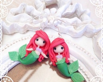 Chibi couple earrings Polymer Clay Fimo Earrings ~ Cute Kawaii Ariel Disney Princess Little Mermaid Mermaid Princess tiny Handmade gift Hai