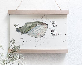 Happy, cheerful poster free whale | Illustration | Art print watercolor painting | A4 print