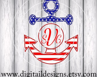 Patriotic Anchor Monogram Frame SVG - png - dxf - eps - ai - fcm - Beach Monogram SVG - Summer Monogram Frame - Anchor Monogram - Anchor SVG