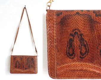 70s brown leather snake print bag, crossbody bag, envelope bag, leather handbag, 1970s cross body bag, leather purse