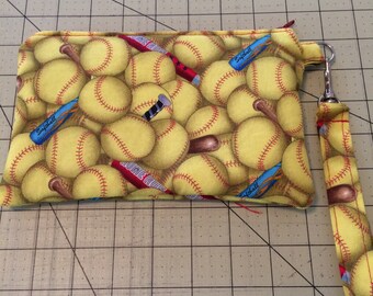 Softball Print Wristlet, Zipper pouch, makeup bag OOAK Ready to ship