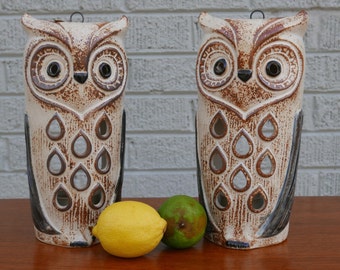 Vintage Pair Ceramic Hanging Owl Lanterns Camdle holders by Counterpoint San Francisco 70's