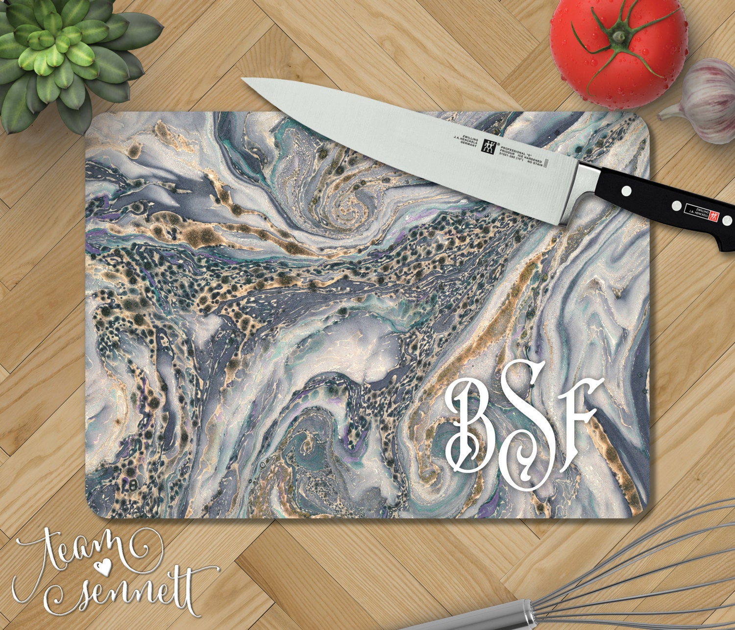 Ocean Marble Personalized Glass Cutting Board Monogrammed