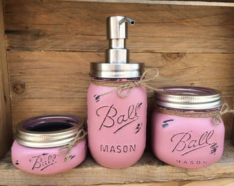Painted MasonJars. Bathroom Decor. Home Decor. Rustic. Gift ideas. Rustic Decor. Shabby Chic. House Warming Gift. Dusty Rose.