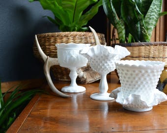 Vintage Hobnail Milk Glass | Four Piece Lot | Hobnail Milk Glass Planter - Candy Dish - Planters | Fenton Hobnail Milk Glass | Wedding Decor