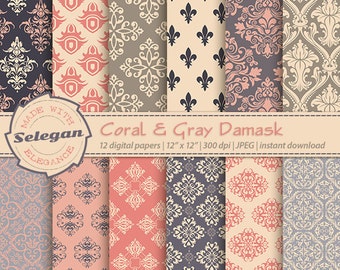 Damask Digital Paper " Coral & Gray Damask " scrapbook digital printable damask background 12x12 backdrop download
