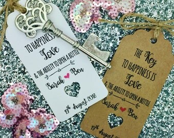 Bottle Opener Wedding Favour Tags, The Key to Happiness is love