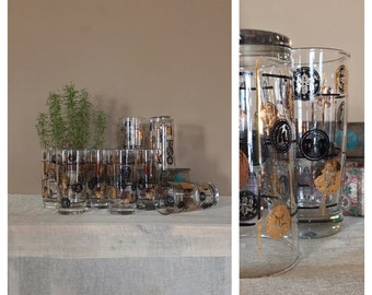 1950s Drinking Glasses/Drinking Glasses/Set of 8 Drinking Glasses/Iced Tea Glasses/Drinking Glasses Set/Black and Gold Drinking Glasses
