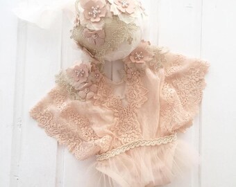 cod198 Newborn photo props, sitter site photography, baby girl romper, 9-12 months outfit, embroidery