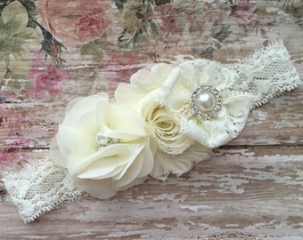 Ivory baby headband- ivory headband- ivory newborn headband-ivory vintage lace headband- ivory baptism headband-ivory christening headband-