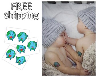 Set of 3 tatts «Earth». Cartoon style kids temporary tattoos with happy planets. Earth day playdate and party bag supply. TT133