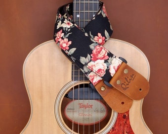Black Fabric Flower Guitar Strap