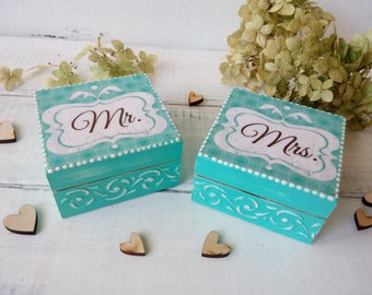 Mr Mrs wedding ring box Set of 2 wedding box Wooden box for ring Personalize wedding box Bearer bridal box Shabby wedding Blue wedding box