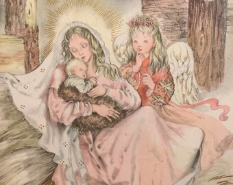 Vintage Masha Print The Nativity Mary and Jesus Vintage Pink