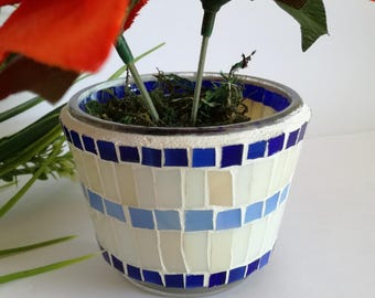 Mosaic decorative glass pot for plants, Navy idea for seaman, Great gift for moms, godmothers, stepmothers, garderners, Blue white for patio