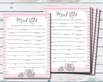 Baby Shower Mad Libs Printable, Pink And Gray Elephant Mad Libs Printable, Mad Lib Baby, Elephant Baby Shower Games, Baby Advice Cards