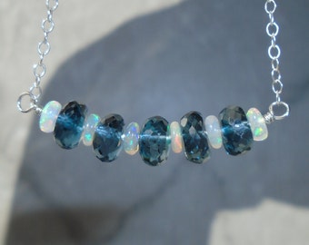 London Blue Topaz Necklace with Ethiopian Opal, Opal Necklace, December Birthstone, Gemstone Bar Necklace, Dainty Beaded Necklace