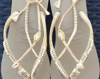 Silver & Gold Wedding Decorated Flip Flop, Sandals Flat Thong Slippers based on Cream Havaianas, Wedding Sandals, Comfortable Wedding Shoe