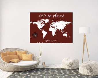 Personalized world map, world travels map, canvas world map, Push Pin World Map Poster, Custom Map Art, World Map Wall Art, traveling family