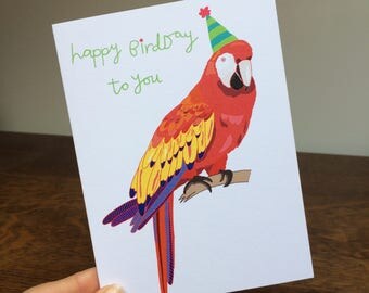BIRTHDAY CARD - funny birthday cards - hand drawn cards - illustration - animal card - kids birthday - parrot - party - birthday party