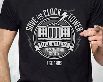 New Back To The Future T-Shirt Hill Valley Save The Clock Tower Fine Cotton Jersey Mens and Ladies Womens T-Shirt Unisex Adult Sizes