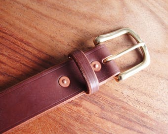 Brown leather belt, brass buckle - 1 1/4" wide - made to size