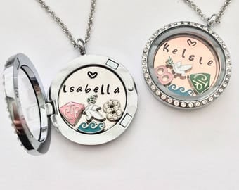 Custom LDS Baptism Locket Necklace Gift - Mormon CTR charm - custom plate - dove charm - number 8 - water wave charm