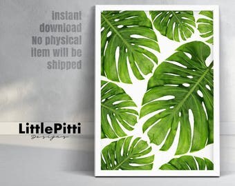 Hawaiian decor, tropical print, monstera leaf art, tropical decoration, hawaiian party decor, green wall art, palm leaf print, instant art