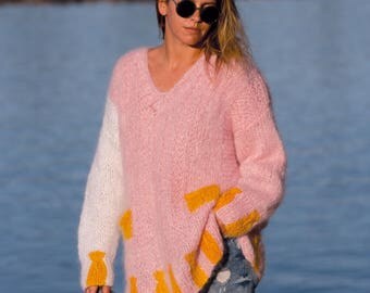 Mohair sweater, Sweater tunic, handmade - Knit - Pink