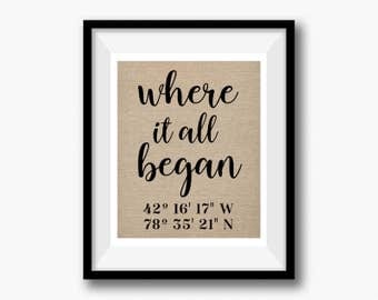 Where It All Began | Latitude Longitude GPS Coordinates | 100 percent Burlap or Canvas Anniversary Gift | Where We Met | Wedding Location