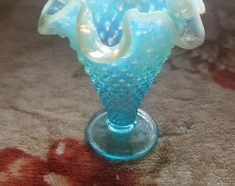 Vintage Fenton Blue Opalescent Hobnail Ruffled Vase